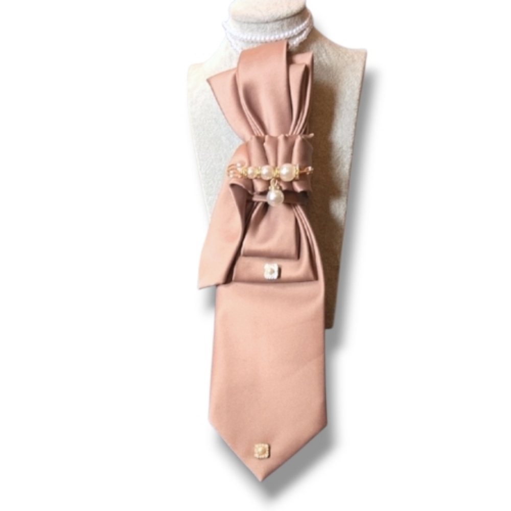 3/$60 Elegant One Of A Kind Tan Satin Folded Necktie Cravat with Pearl Accents